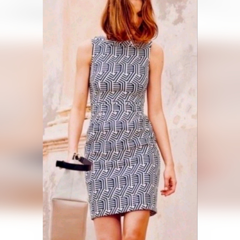 Boden Navy Blue White Geometric Martha Sleeveless Pencil Dress Womens Size 10